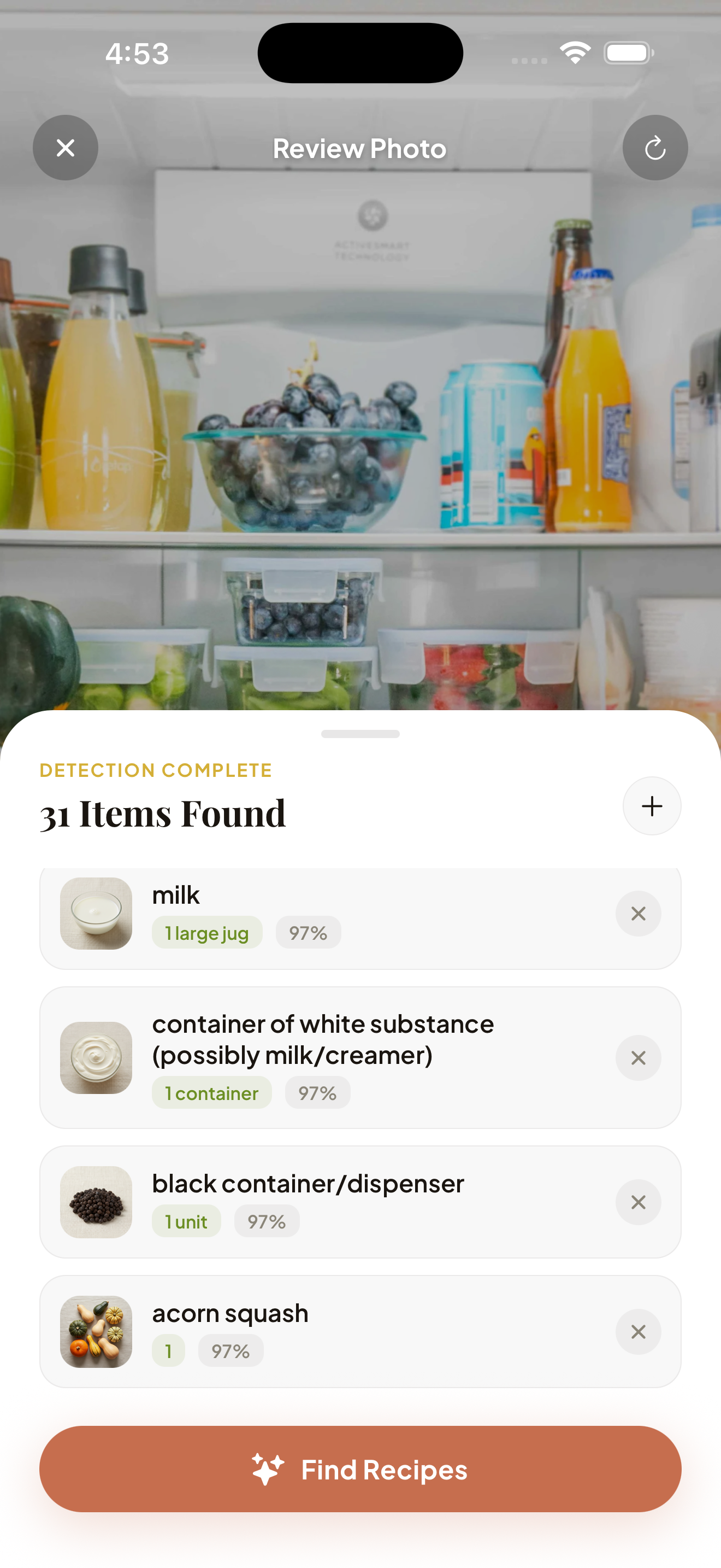 AI fridge scan detecting 31 items with confidence scores