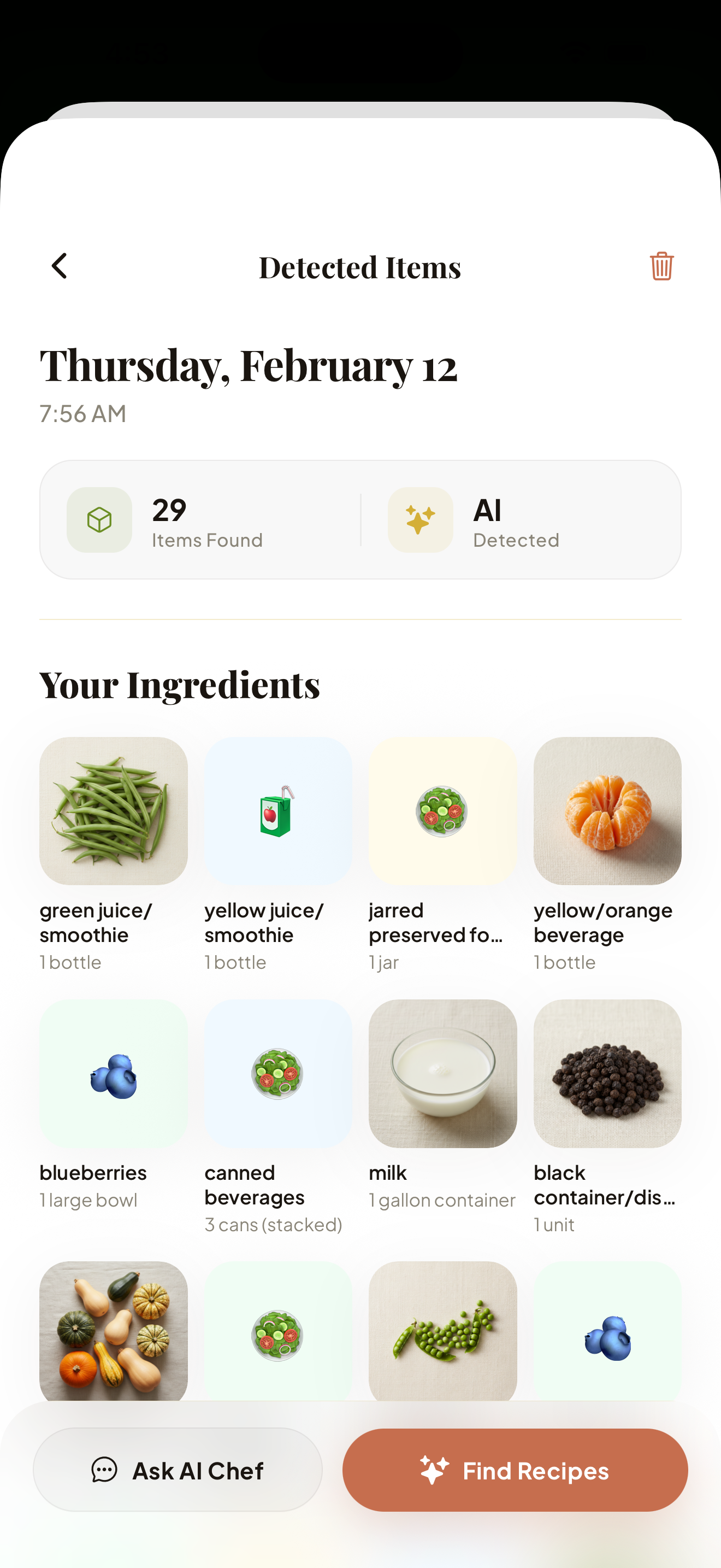 Detected ingredients with images
