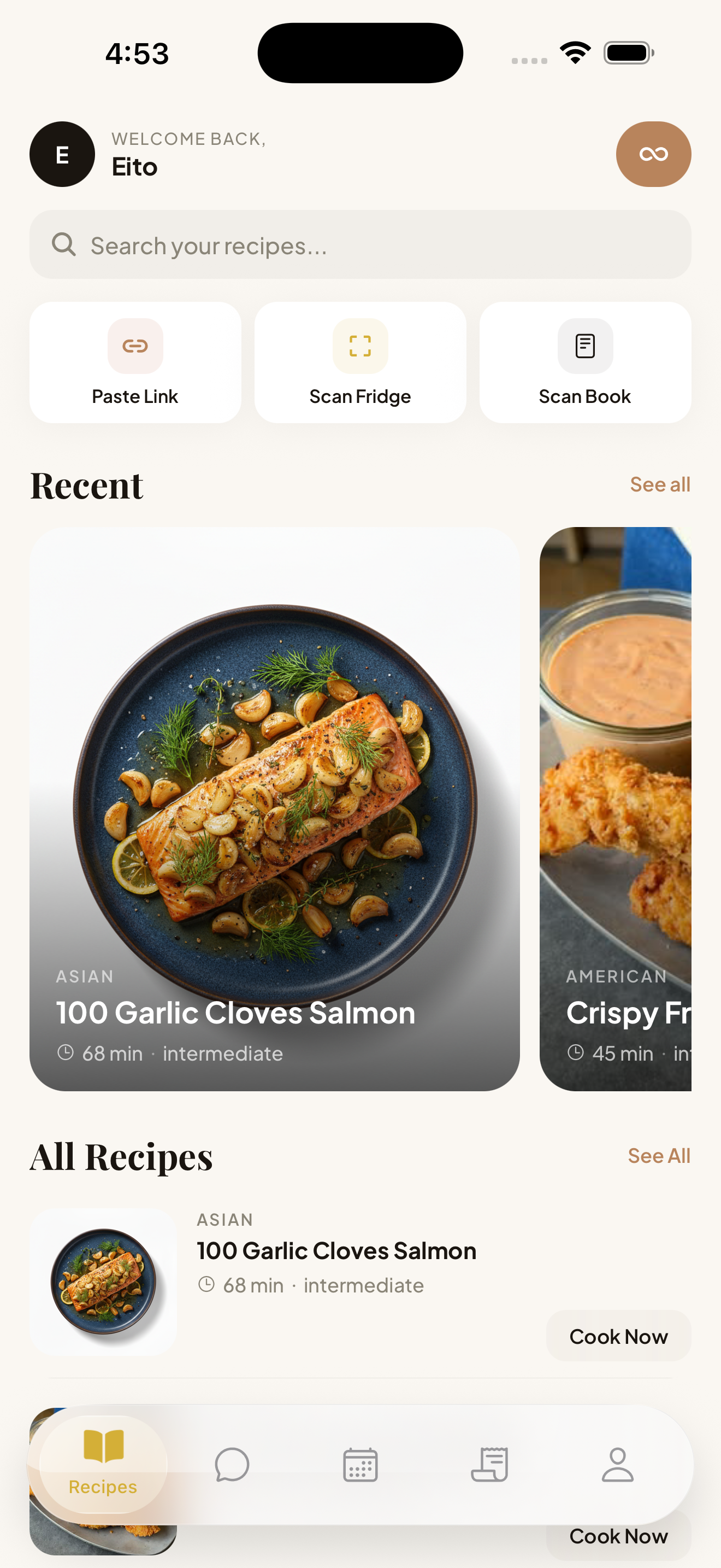 Home screen with recipes