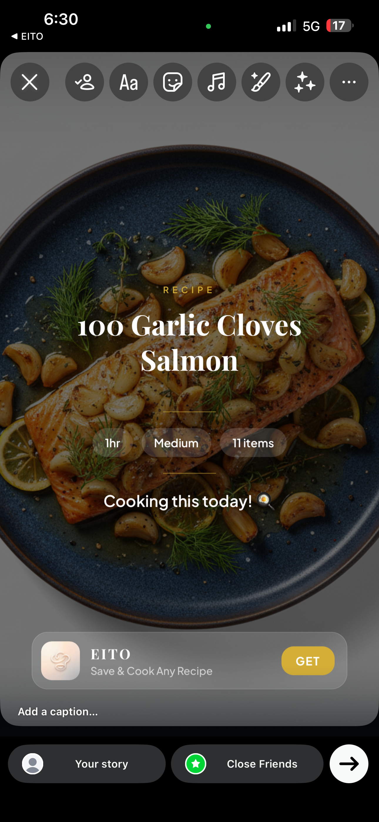 Instagram story with recipe card and EITO app link