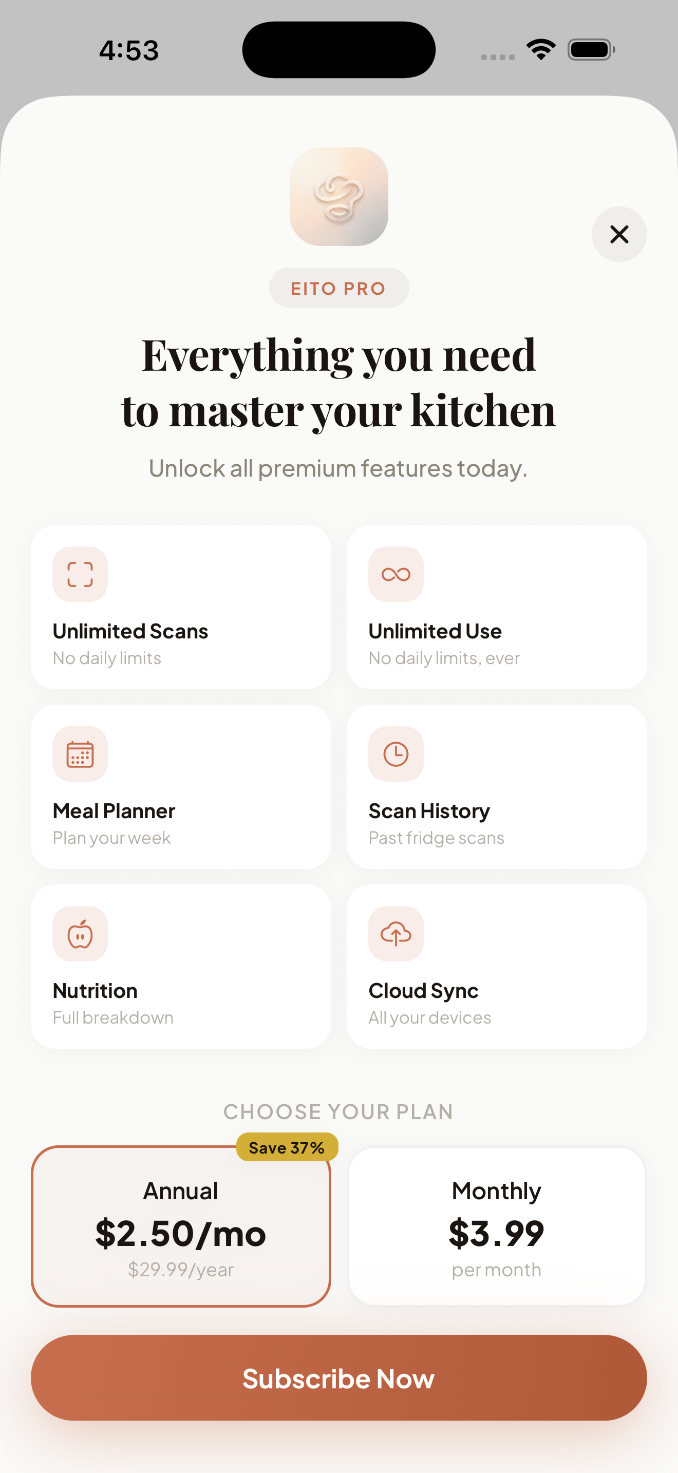 Paywall with annual and monthly plans
