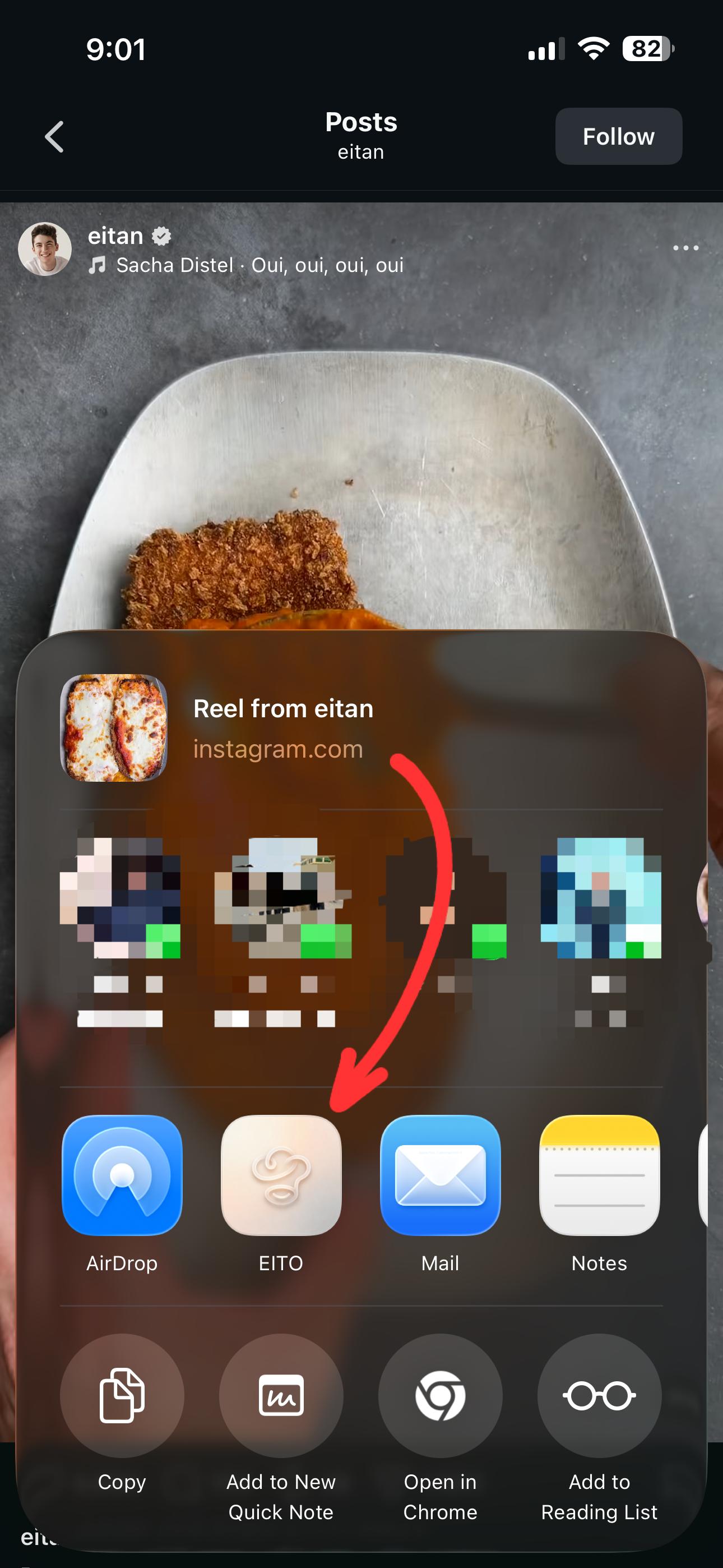 iOS share sheet showing EITO as a share target from Instagram