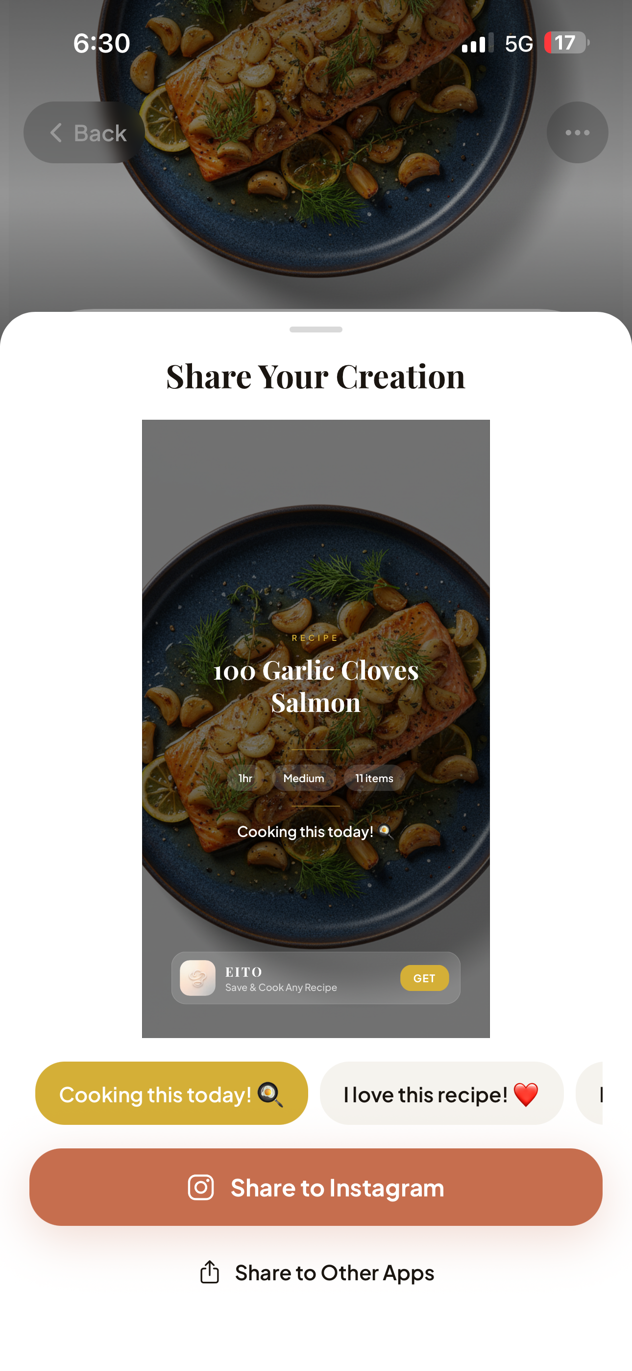 Share recipe creation to Instagram