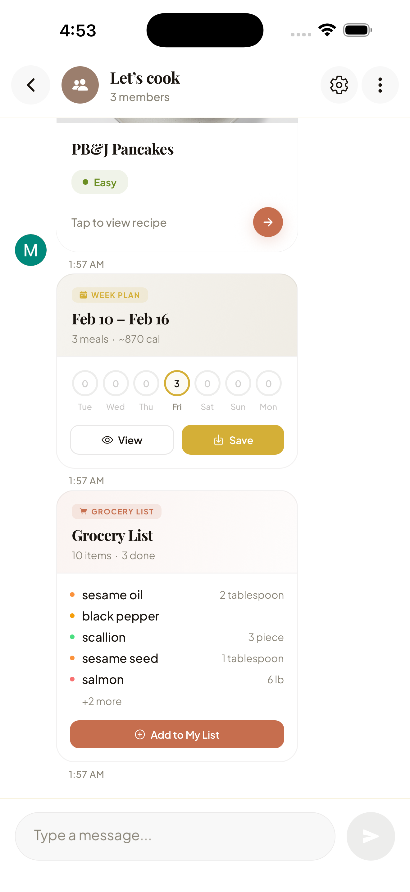 Group chat with recipe and meal plan sharing