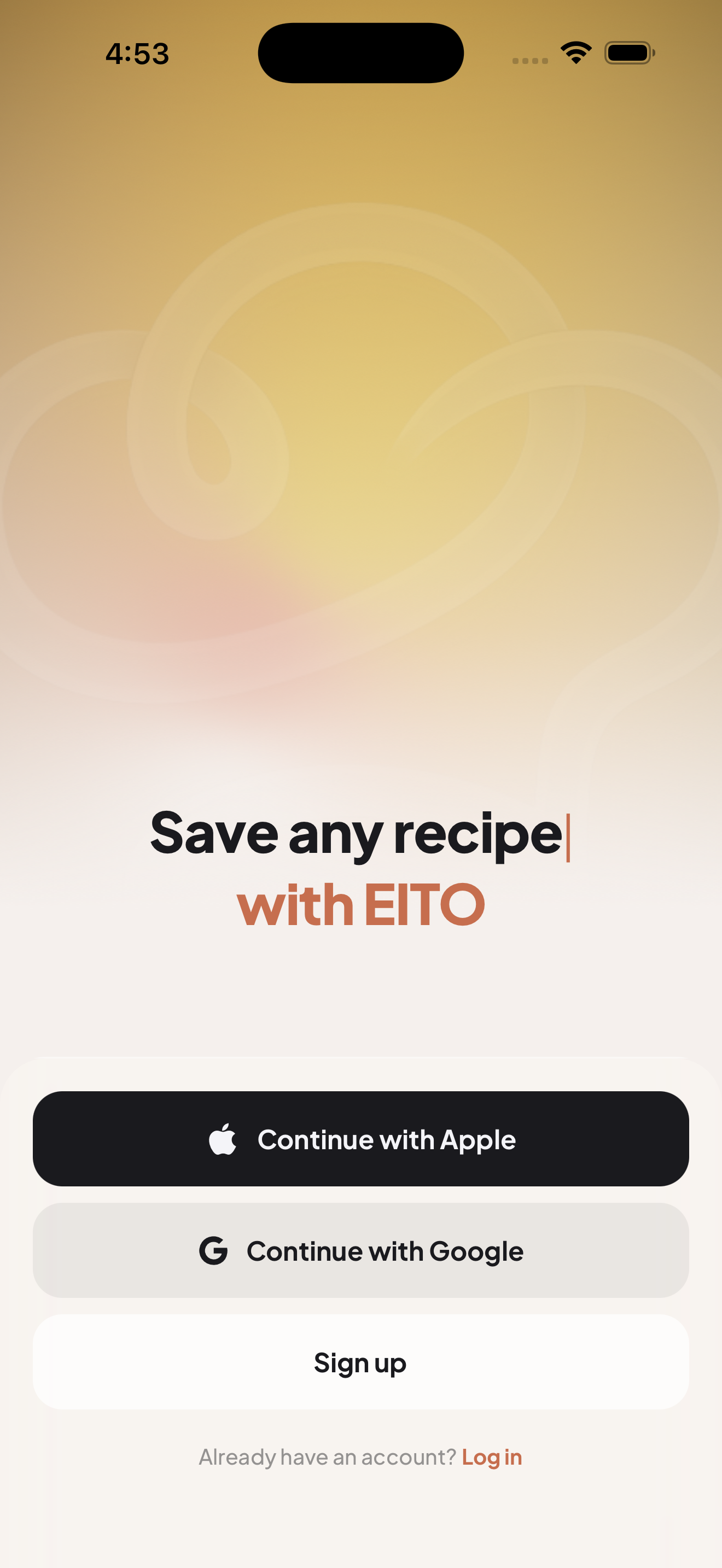 Welcome screen with Apple, Google, and email sign-up